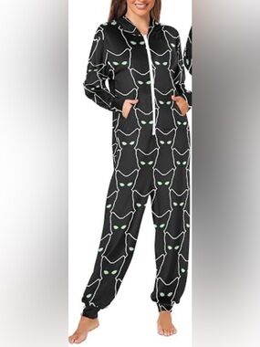 FEIFEIYU Cool Cat one-piece plush zip up pajama green eyes graphic NEW size S